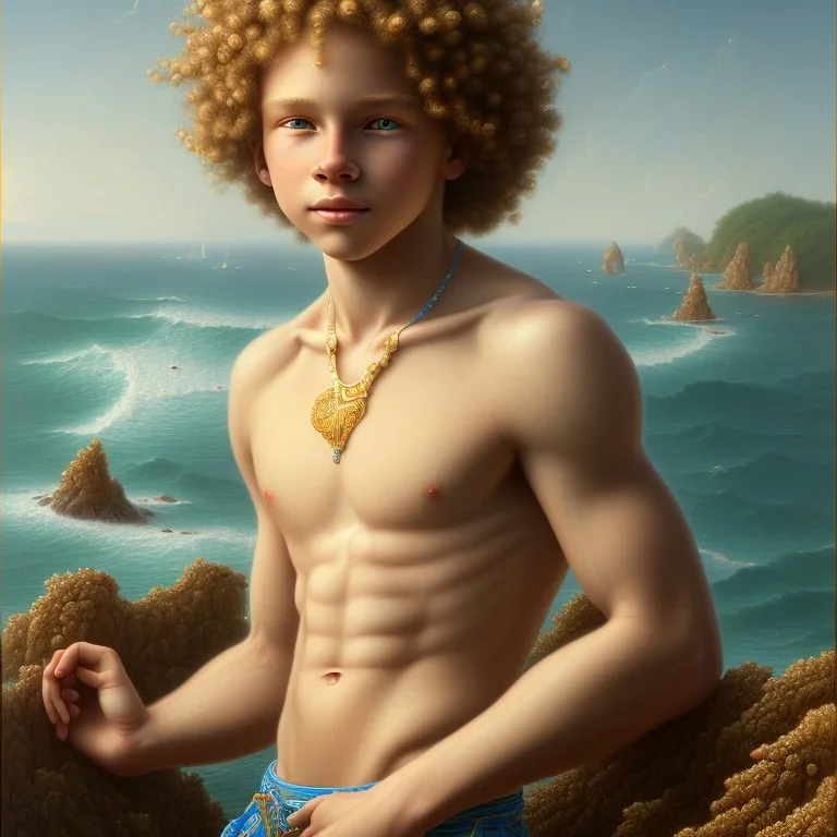 intricate, sharp focus, highly detailed, digital painting, Paul Lewin and Kehinde Wiley, full body image of a beautiful 12 year old boy with long, blonde curly hair and light blue eyes, smiling, shirtless, in front of an distant beach