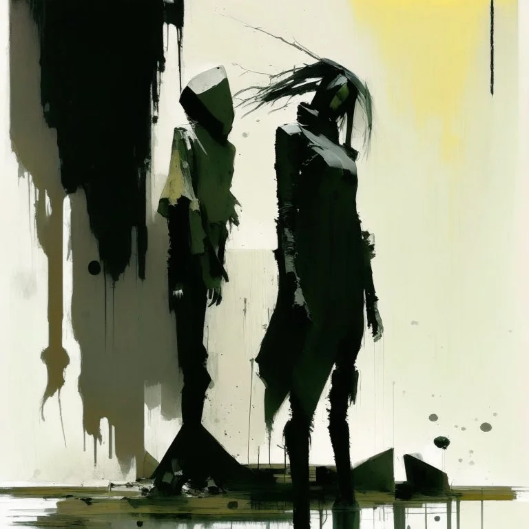 A dark abstract minimalist painting brutalist concrete bodies.. In the style of by Ashley Wood and Justin Mortimer.