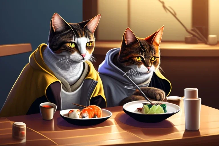 Two cats with a hoodie is sitting on a table eating sushi