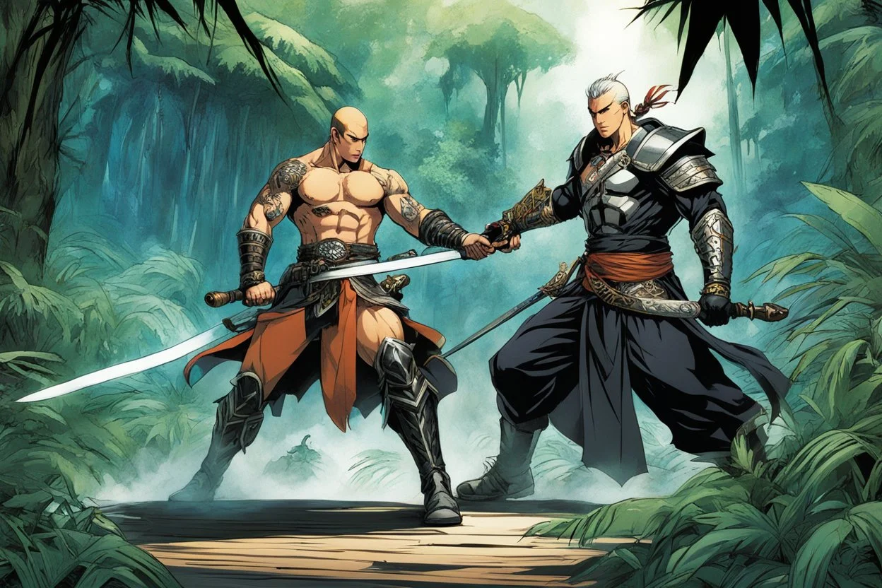 (in the style of Orion, by Masamune Shirow) DUEL: a tattooed gangsta monk with his staff fights against a paladin knight with his two handed sword zweihander in the jungle