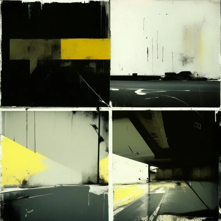 Minimal abstract oil paintings desolate 1960s carpark concrete fragments. Yellow road markings. style of Justin Mortimer and Phil Hale.