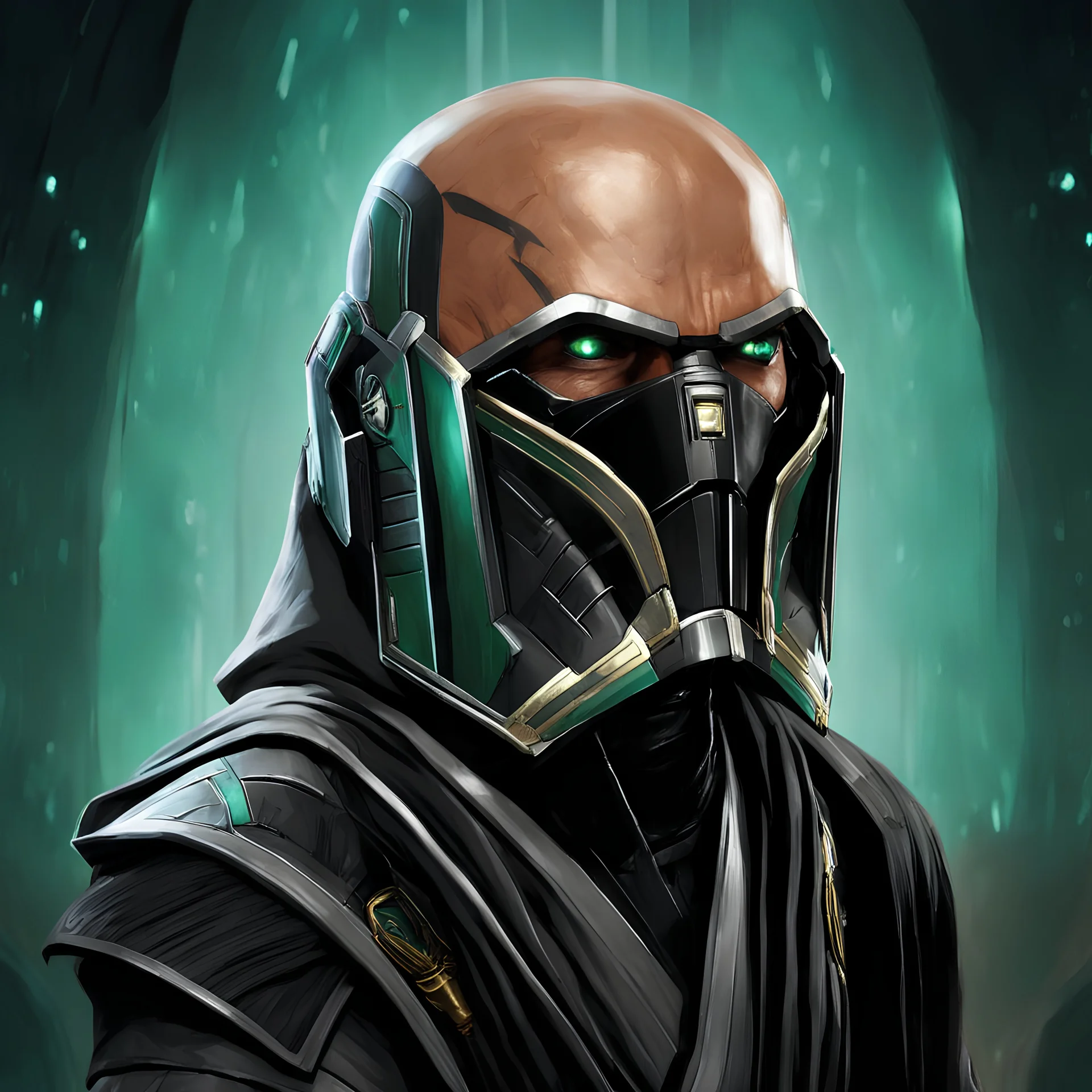 star wars bald male corellian jedi pilot wearing gunmetal grey and black old republic armored robes with gold trim inside the jedi temple holding a lightsaber with viridian green blade in left hand, centered head and shoulders portrait, hyperdetailed, dynamic lighting, hyperdetailed background, 8k resolution, volumetric lighting, light skin, fully symmetric details