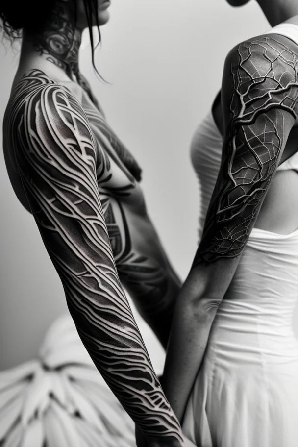 Multiple entanglements between a twisted thin piece of cloth as part of many twisted and spiraling branches disappearing into the distant mist, epic photo, 2 beautiful lovers are embracing, stunning tattoos that intwine with eachothers tattoos,sharp on highly detailed skin with wrinkles and high contrast, photorealistic, explosion of extacy,4K, 3D, realism, hyperrealism, detail, good lighting, detailed texture, modern photography style, 3D, 4D, 4K