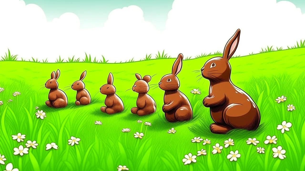 Fantasy cartoon illustration: A Trail of chocolate bunnies in the grass