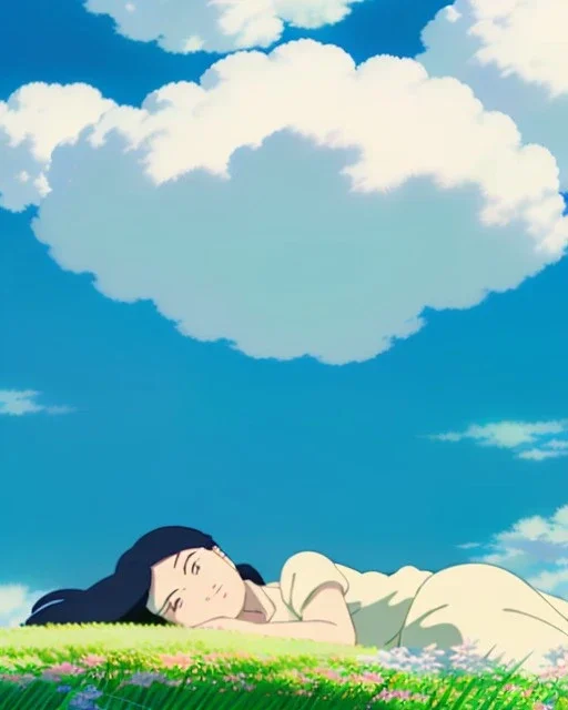 Cosy zen garden during summer, stunningly beautiful girl laying down on the grass staring at the blue sky, anime style