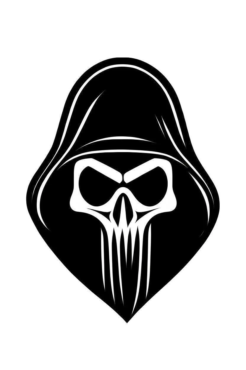 Extremely simple, fun and monochrome logo representing the face only of the grim reaper. Black on white background