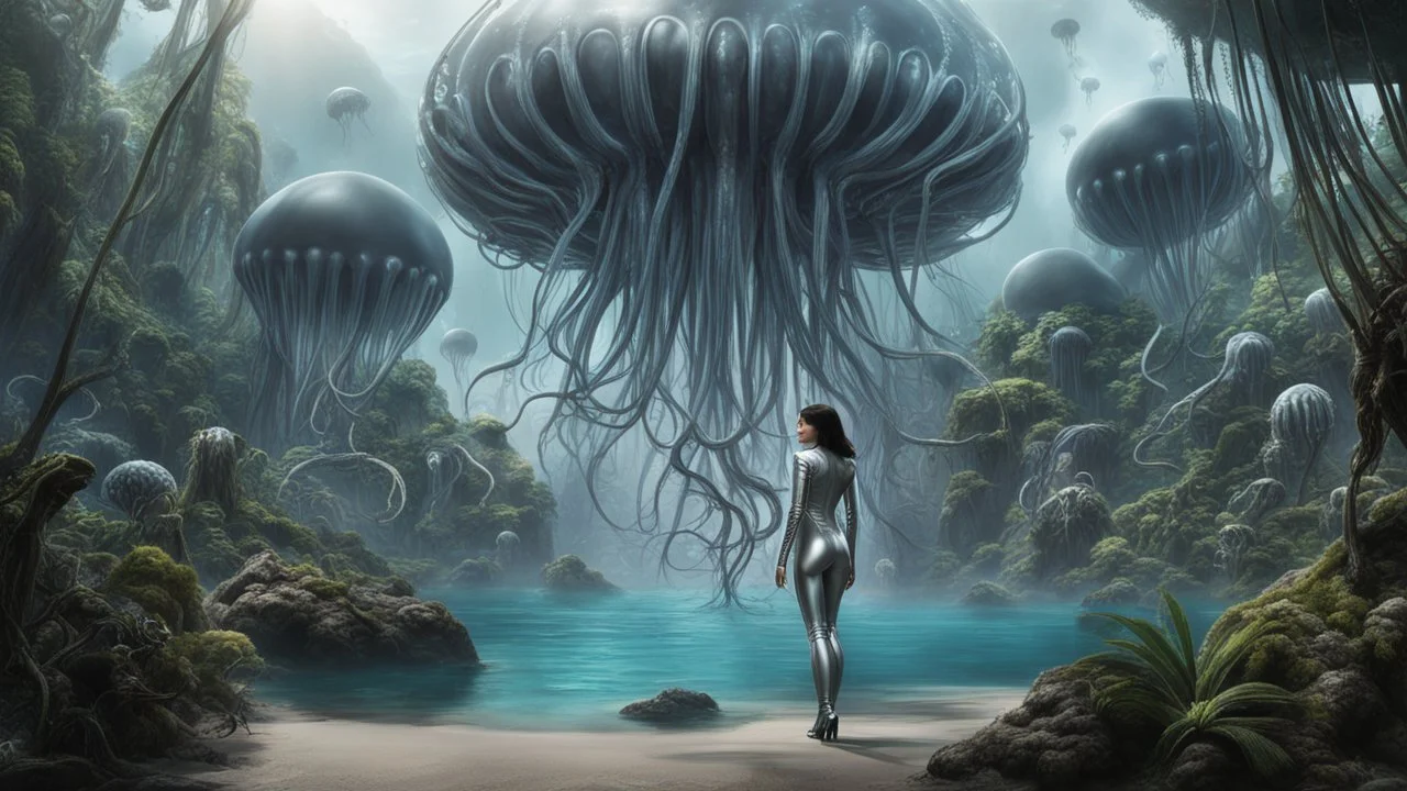 Detailed matte painting of a wide-angle shot of a woman, standing on the left side of the shot, with dark hair in a silver robotic catsuit, many large floating jellyfish with octopus tentacles, alien jungle trees in the distance, with an alien beach and lake