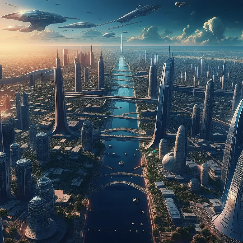 Aerial view of city on a (((twin planet))) of Earth in another galaxy, showing a diverse community. The skyline is dominated by tall skyscrapers with modern futuristic architectural designs, the streets are filled with people from diverse backgrounds. In the distance, a majestic bridge crosses a river and connects the city with a beautiful park on the other side.