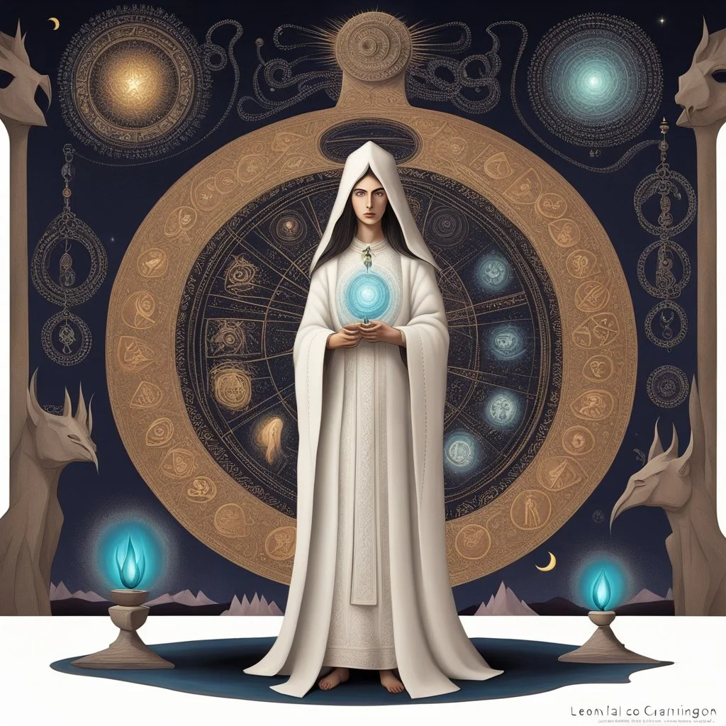 full_body:: Young mage with ornate grimoire and swirling mana:: Ancient stone temple with engraved runes:: wall sconces::by artist "Leonora Carrington",by artist "Tarsila do Amaral":: Cinematic lighting with shadows emphasizing the character's determination:: eye_level perspective::