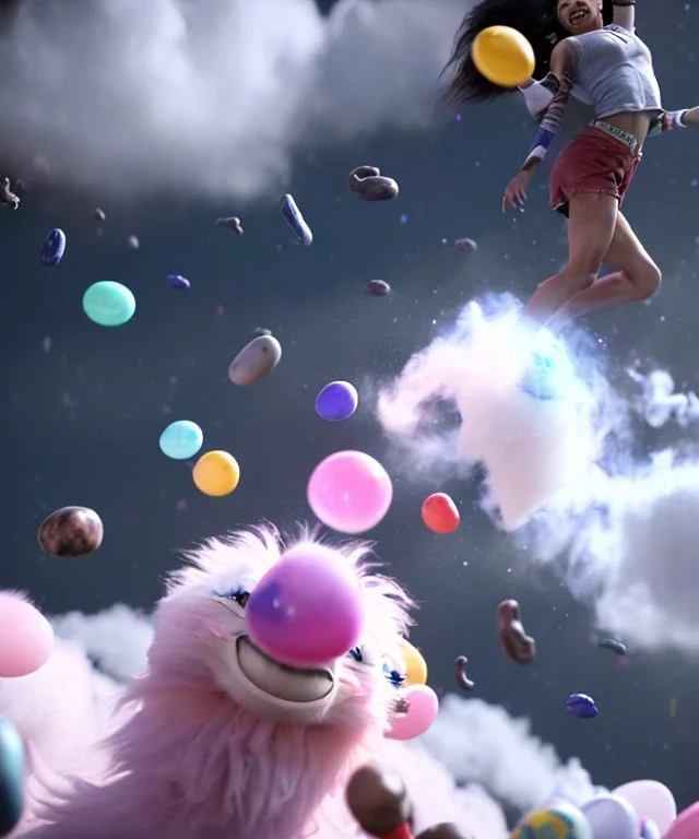 Ultra realistic speed clouds sky scene, wide angle view, strong men falling down with many Childs, circus clothing style, feather color clothing, free jumping flying, many trinkets, hair monster, many jelly beans, balls, color smoke, smile, happy, extreme, wind, clouds sea, 20,000 feet altitude, stratosphere, soft color, highly detailed, unreal engine 5, ray tracing, RTX, lumen lighting, ultra detail, volumetric lighting, 3d, finely drawn, high definition, high resolution.