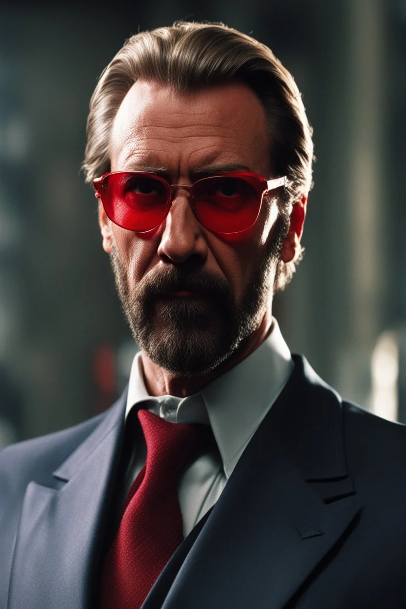 an muscular and menacing Hans Gruber wearing red-tinted glasses