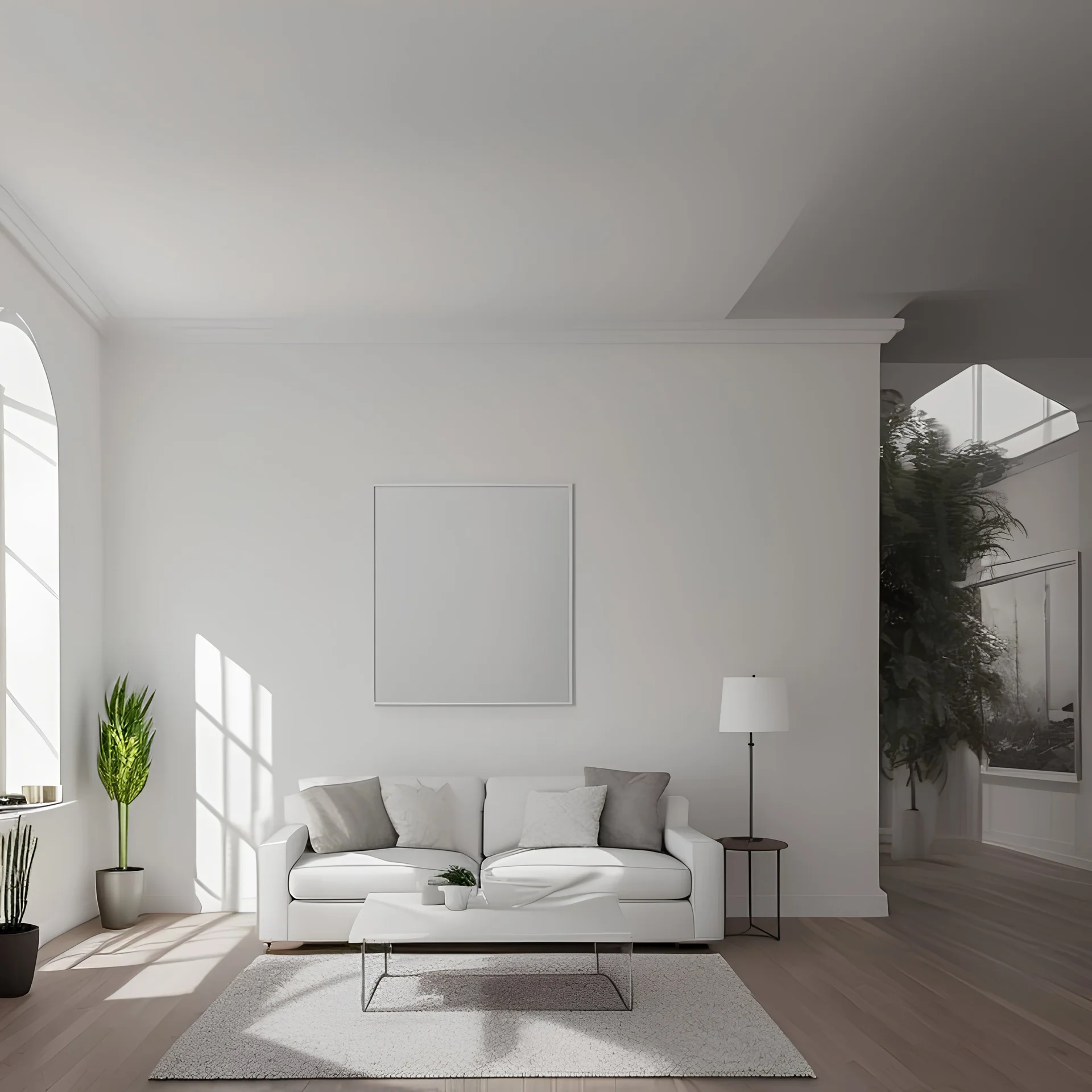 a realistic calm white wall with an empty frame on it in a living room and sitting