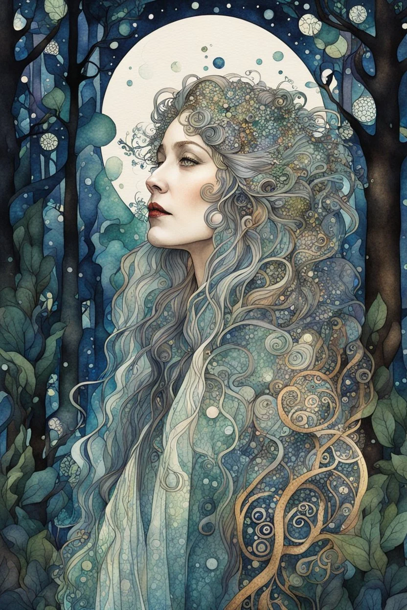 random watercolor Zentangle patterns in the styles of Gustav Klimt ,Wassily Kandinsky, Alphonse Mucha, and Kay Nielsen that depicts an aged and haggard female Druid shape shifter, with highly refined facial features, in a moonlit forest glade , with fine ink outlining