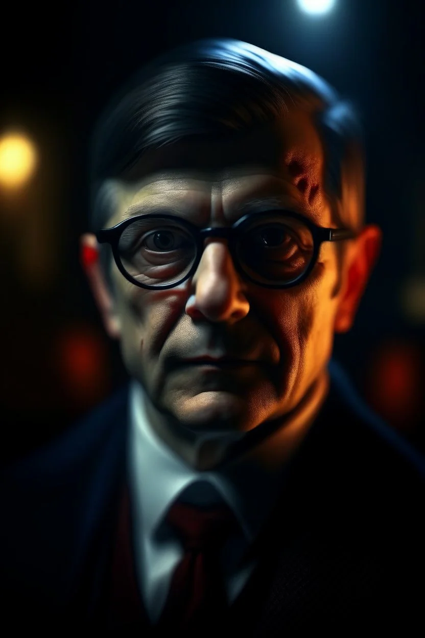 oil painting of vampire portrait with thick glasses in spotlight feeling in control, zeiss prime lens, bokeh like f/0.8, tilt-shift lens 8k, high detail, smooth render, down-light, unreal engine, prize winning