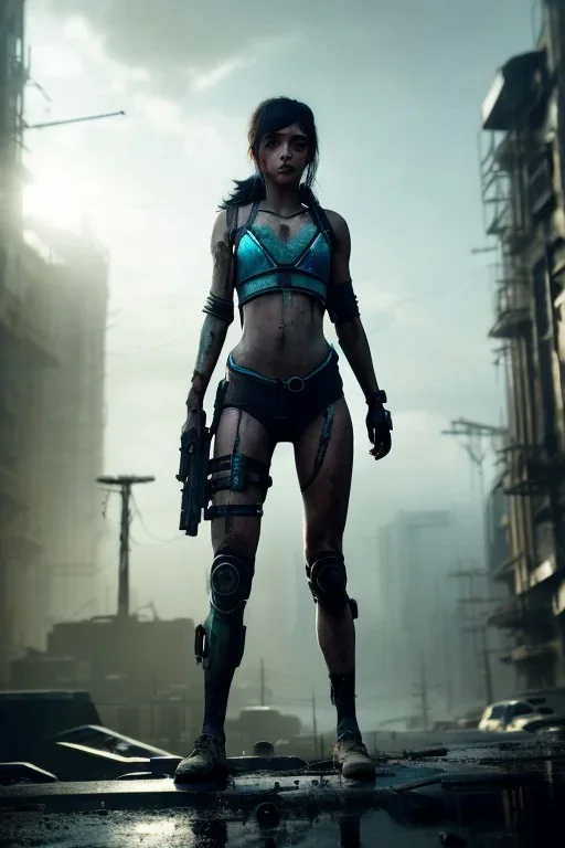 Girl post-apocalyptic in a cyberpunk city, realistic, intriacte detail, sci-fi fantasy style, volumetric lighting, particales,highly detailed,cinamatic, deep