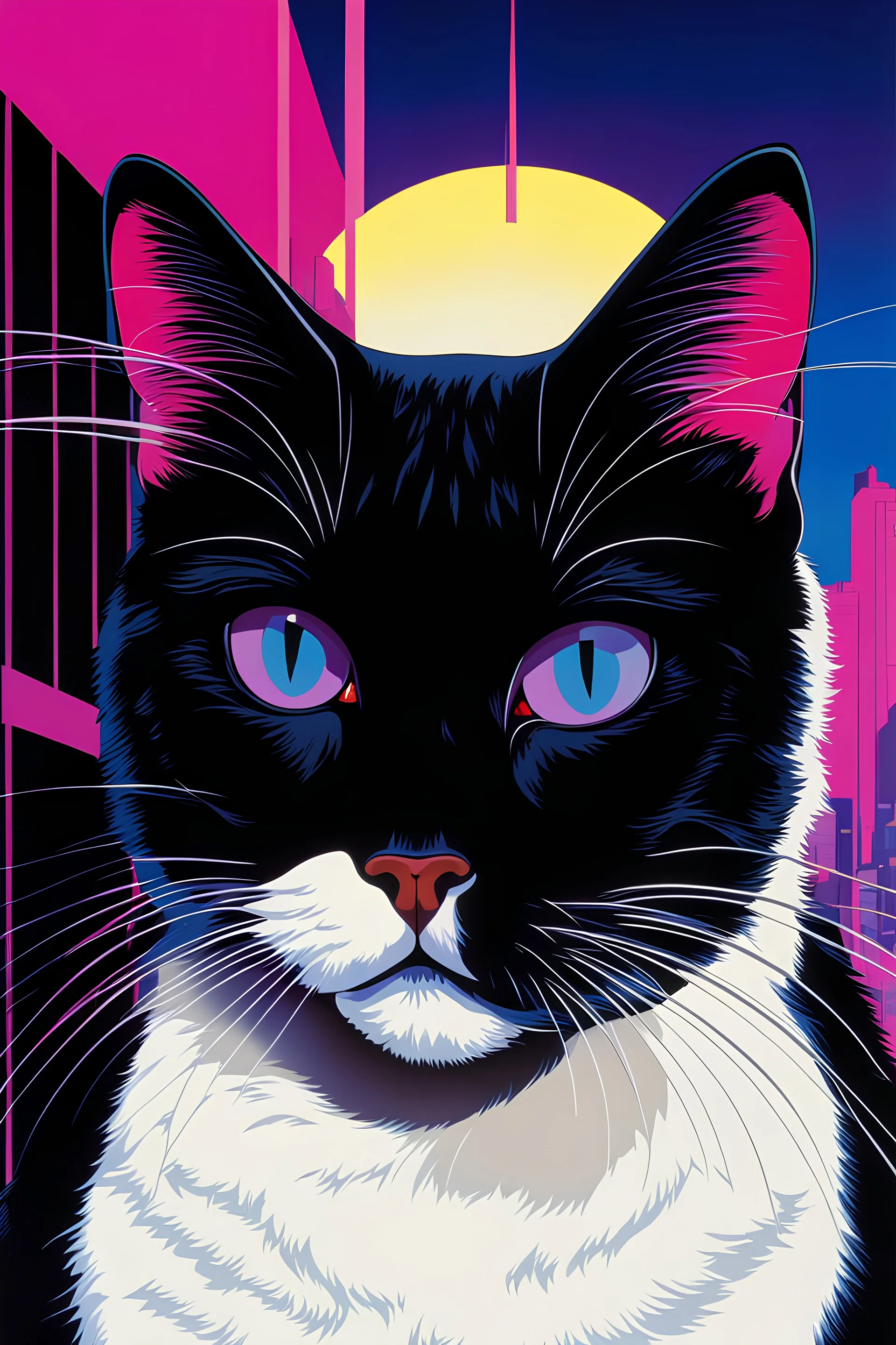 close-up ((((crossed-eye black cat)))) pet, in a futuristic environment ((80's horror poster)), Patrick Nagel, synthwave, Photo realistic.