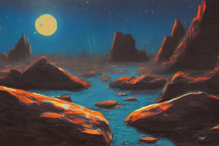 Rocks, night, 2000's sci-fi movies influence, otto pippel impressionism painting