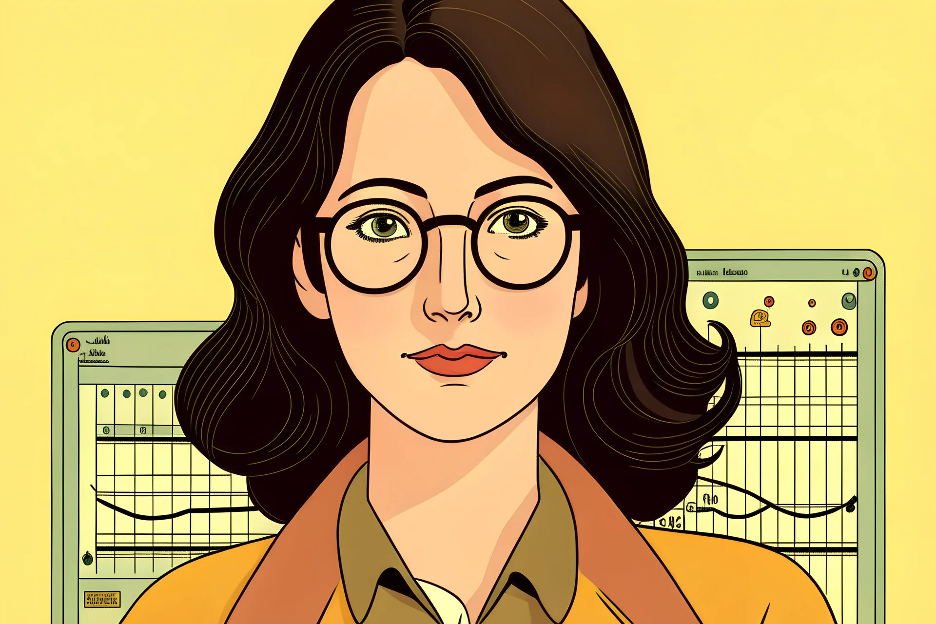 Wes Anderson cartoon of a dark haired and brown eyed woman who is a feminist and loves coding and designing websites