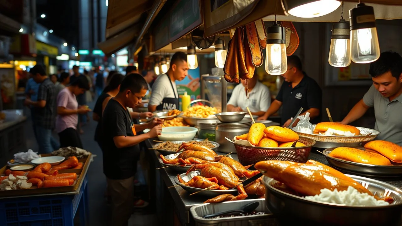 Delicious Malay street food in Kuala Lumpur at night, eating stalls, seafood, eclectic mix of oriental food, award-winning colour photograph, beautiful composition, exquisite detail, Nikon 35mm