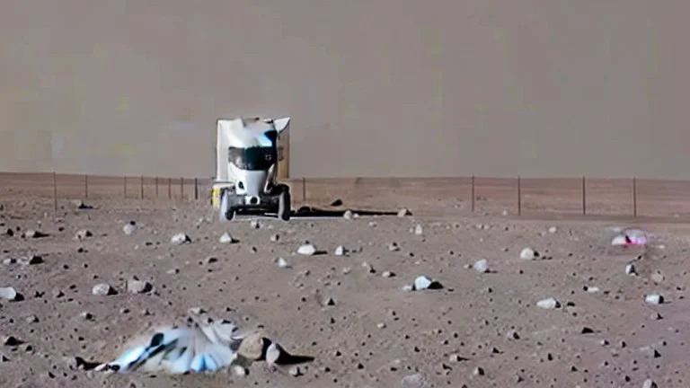 A Tesla semi-truck is racing at top speed on the Moon, by the landing site of the 'Apollo 11'. CINEMATIC. WIDE ANGLE LENS.