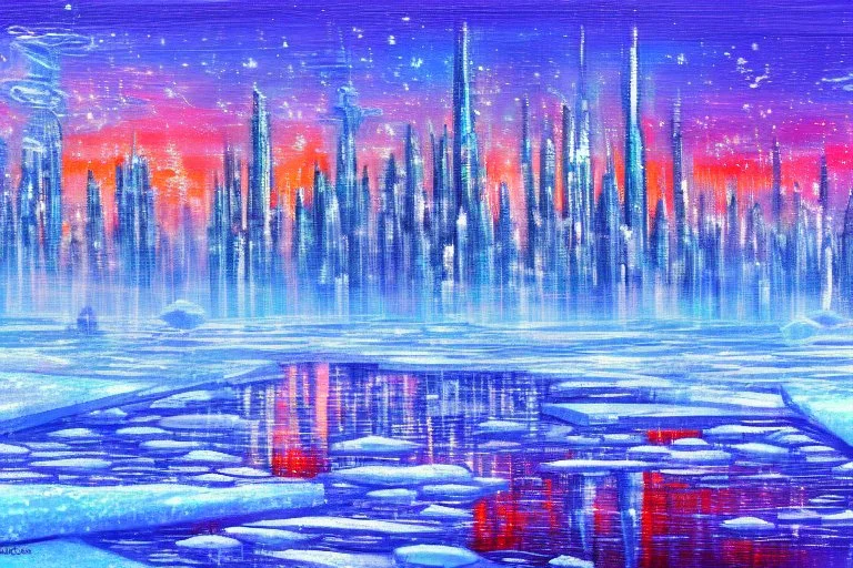 Science fiction city near frozen lake, impressionism painting