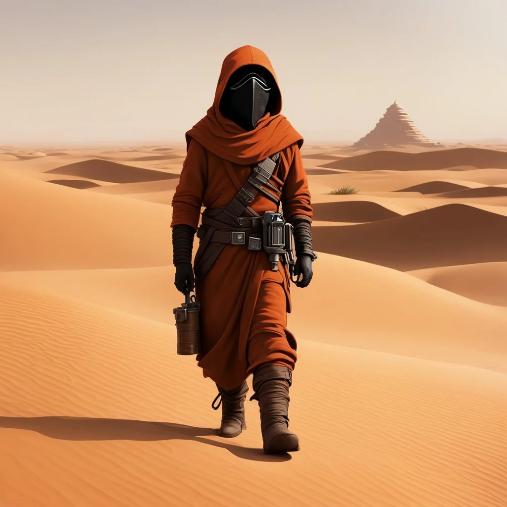 Hidden amidst the dunes, a lonely Jawa merchants blended seamlessly with the arid landscape. Clad in dark orange cargo pants, the Jawas' knee-tall black military boots provided a sturdy foundation. his facesconcealed in the darkness of their hoodies, he embodied an air of mystery and intrigue.As this Jawa merchant traversed the desert, his attire spoke of both practicality and style, a fusion of function and enigma. The dark orange cargo tunic served as a beacon against the desert backdrop, whil