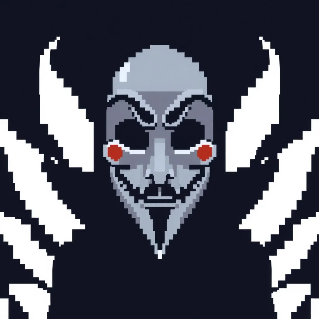 18 bit pixelart of a shadow figure with a white smooth wide smiling mask fawkes