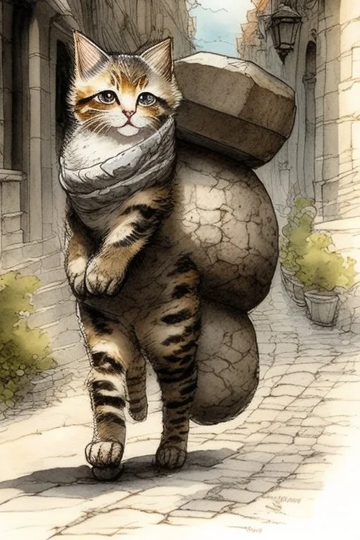 very cute sweet-faced kitten carrying a huge stone on her back on a paved road by Jean-Baptiste Monge golden watercolour and black ink highly detailed elegant intricate very attractive beautiful award winning fantastic view crisp quality in sunshine