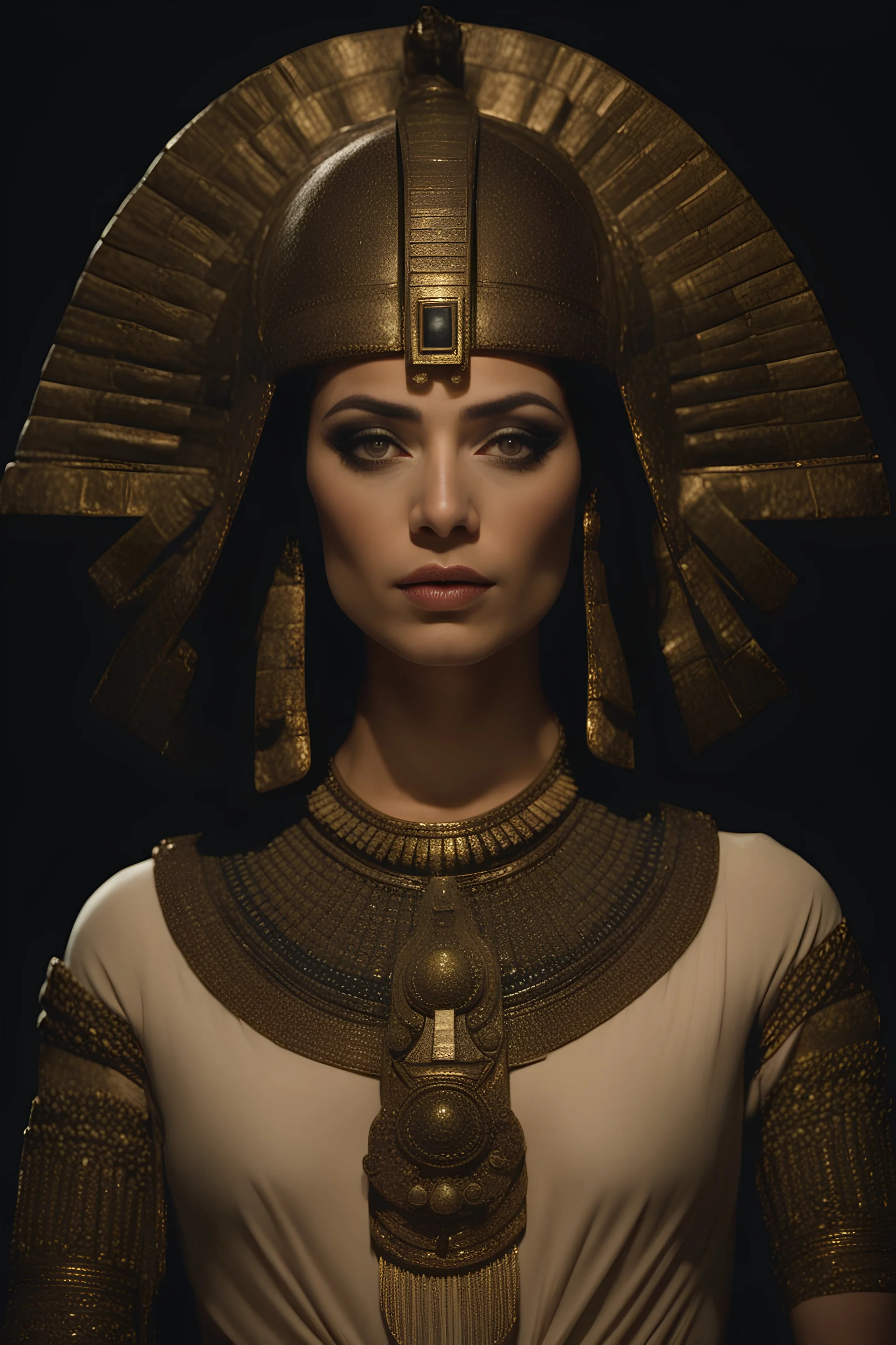 Half-body shot portrait of the beautiful and mesmerizing Cleopatra, as depicted in movies, goddess, Set against a dark background of mist and wonder. symmetry, symmetrical, 37 years old, symmetrical eyes, parallel eyes, open eyes, closed mouth. A relaxed neutral expression, looking straight ahead, passport photo pose, beautiful, alluring, tantalizing, mesmerizing, captivating, profound beauty, piercing eyes, chesty, magical ethereal, fantasy, stunning, highest resolution, even lighting, biblical