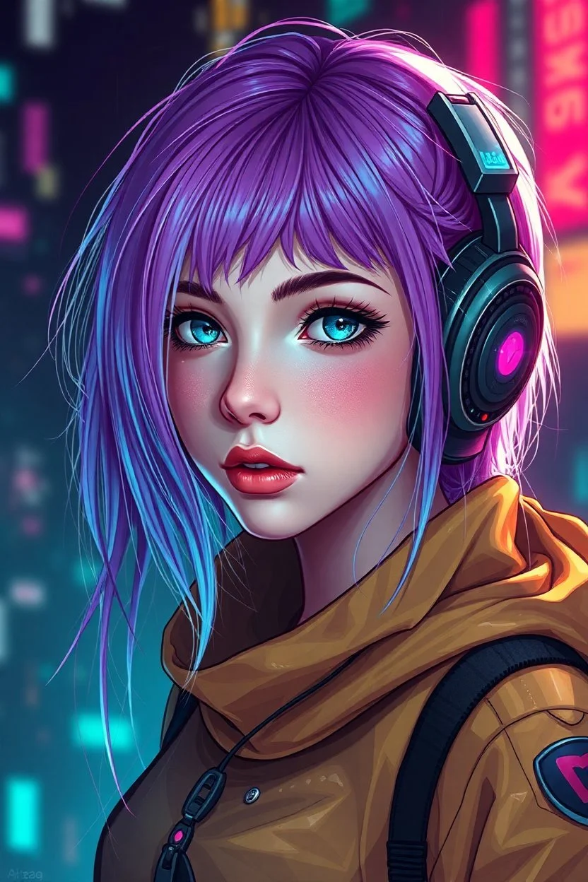 a pretty cyberpunk girl, bright hair, storyteller and dreamer, young, futuristic