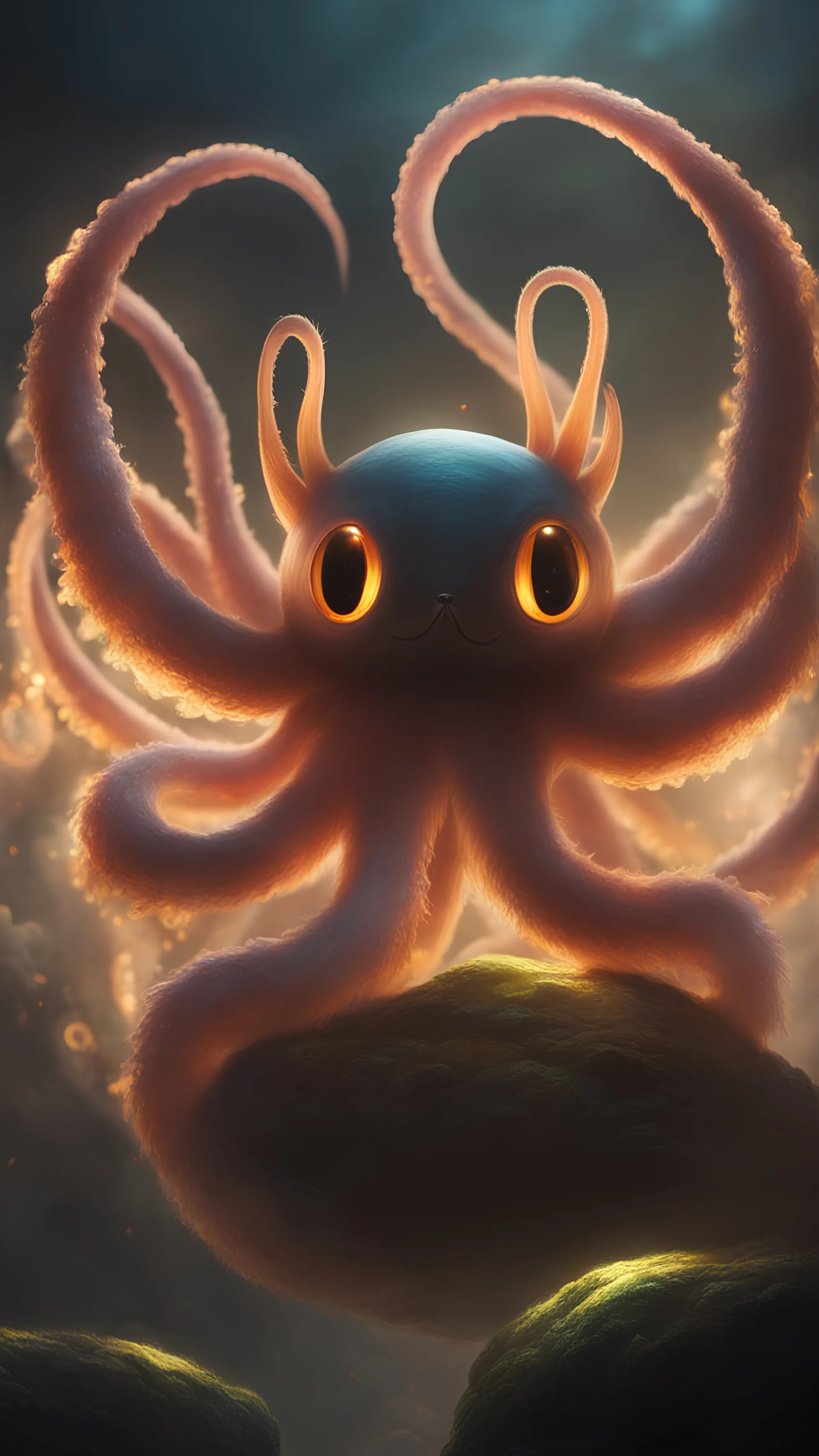 a small, fluffy creature with a round, plump body and long, wavy tentacles, It has bright, glowing eyes that pulse to the beat of the music