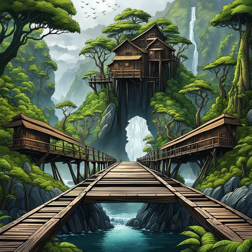 1 massive squat wooden bridge connects the over two gorge, between two tall rocky shores, sprawling, tall alien trees on both shores, log wooden houses in the distance in the background, rainy landscape, lush vegetation, massive trees,, high detailed, fantasy, cinematic