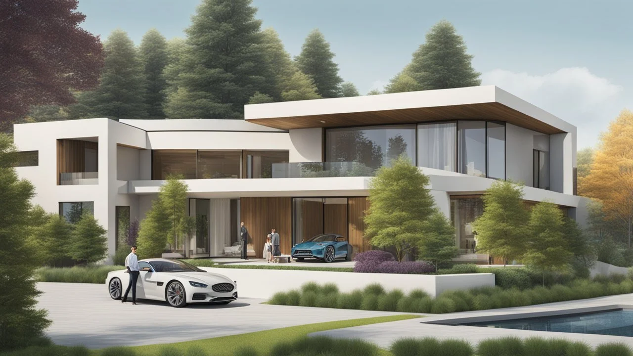 Architectural drawing of a luxurious modern country house, trees, people and cars, complementary colors