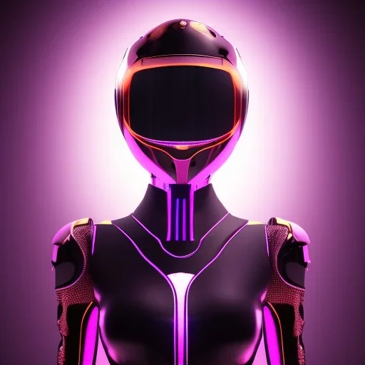 Cute girl in a robotic hijab suit, purple and pink backlight, orange lighting, profile