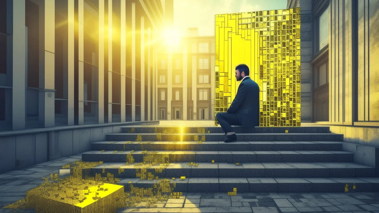 Head of a scared man sitting on a barren grey concrete landscape divided into architectural floors. Stairs between floating floors outside. Windows, Golden fragments, Glow, Glare, Gothic architectural elements. Mouth acting as an entrance door. Golden hour, Tiny man walking around the building. Reminiscent of MC Esther and Magritte.