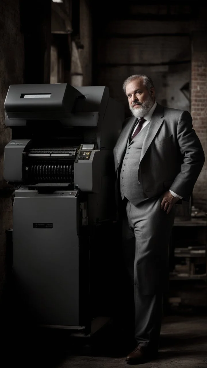 italian strong massive big chubby 50 year old man in smart gray suit, unbuttoned shirt, short beard, shirtless, printer in an old printing house, next to a huge old printer, dim light, side light, ambient occlusion