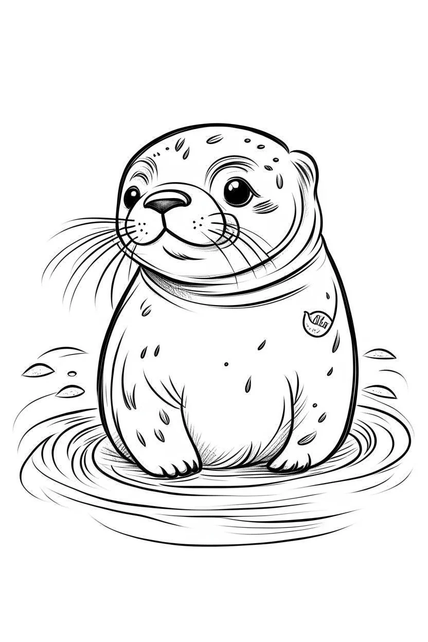 cute coloring page, sketch style, cute baby seal in the ice, cute cartoon, white and black, withe background, no shadows, outline.