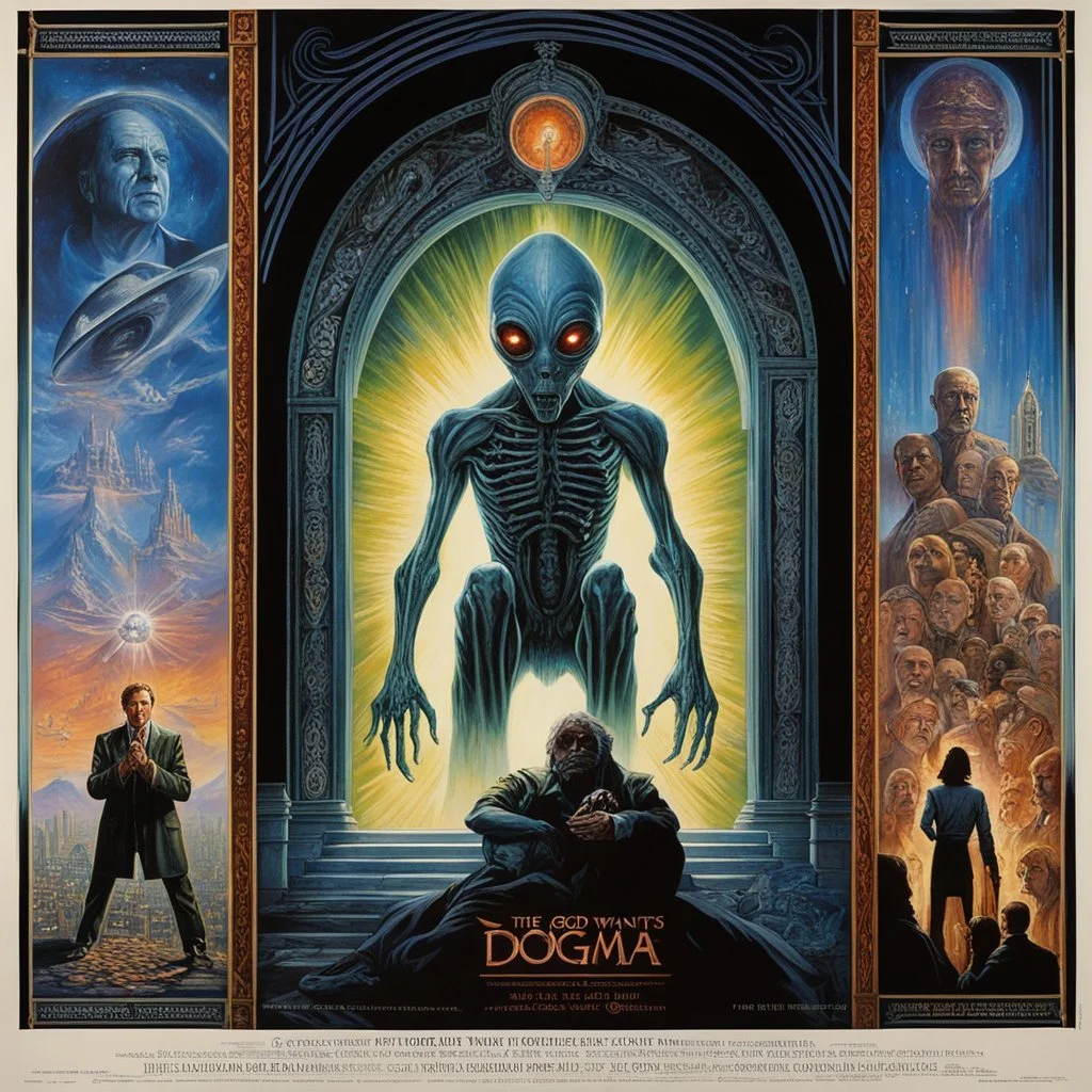 what god wants, its only Dogma the alien prophet cried, voodoo shrines, surrealism, modern complex movie poster art by Drew Struzan, by John Stephens, bleeding deep colors, detailed matte oil painting, olpntng style.