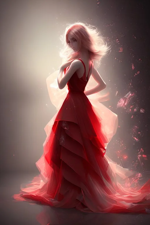 Adorable woman in red gown volumetric light ray in haze but cheater