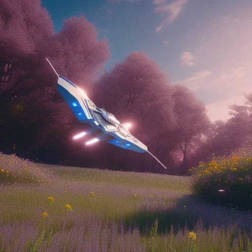 Spaceship landed on meadow, sunny day. clear blue sky, cascade, flowers. Elegant. Extremely detailed. Award winning photography. Fantasy. 8k. Cinematic lighting. Photorealistic. Dynamic lighting. Imperial colors. Crisp quality. Unreal Engine. Colourful cinematic postprocessing. Pixar. VRay.