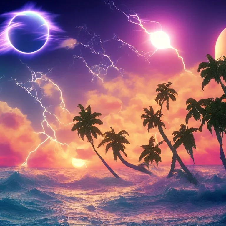 1980's vaporwave aesthetic palm trees with lightning with solar eclipse in the ocean waves sunset