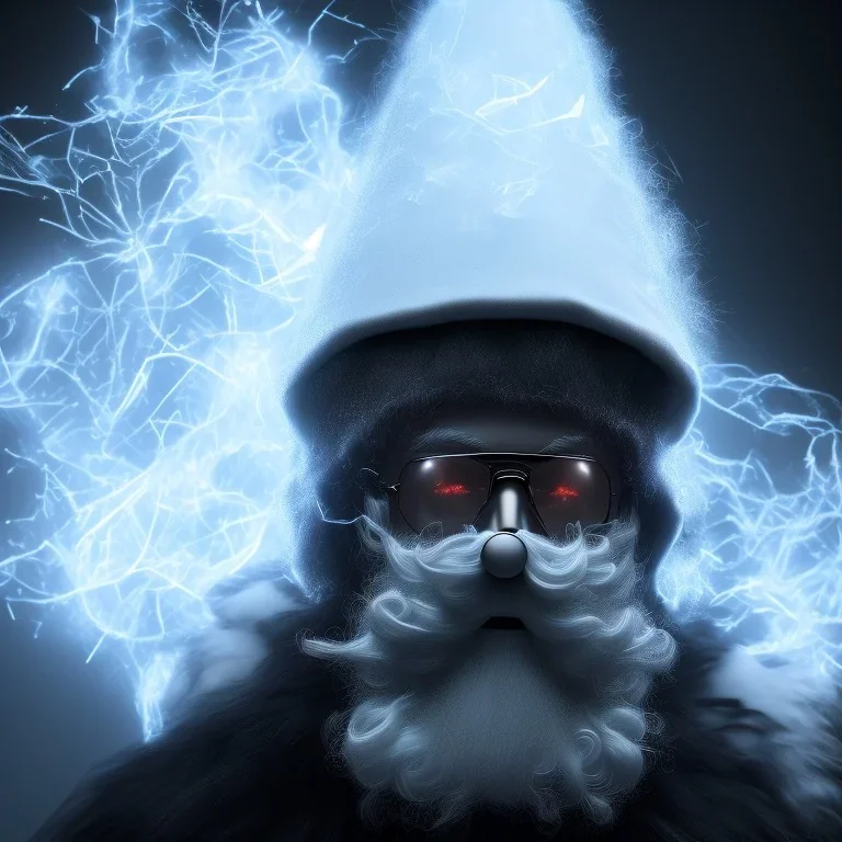 All Black Santa, ghost, wearing high tech mask, white smoke, dark, rage, high definition, ultra 8 k, volumetric lighting, blue fire, fog red rain