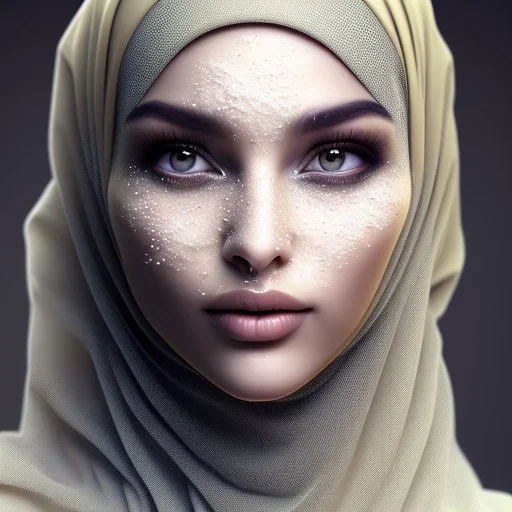 close up portrait of woman in hijab morphing into duststorm, blowing dust, hijab and face turning into particles of dust, dissolving into nothing, fading to dust, artwork manipulation, ray tracing, sharp focus, fine detail, highly intricate, modern surrealism painting, defined cracks and breaks, high-quality, volumetric lighting, 8k, ultrahd, George Grie, Marco Escobedo, Igor Morski,Brian Froud, Howard Lyon, Selina French,