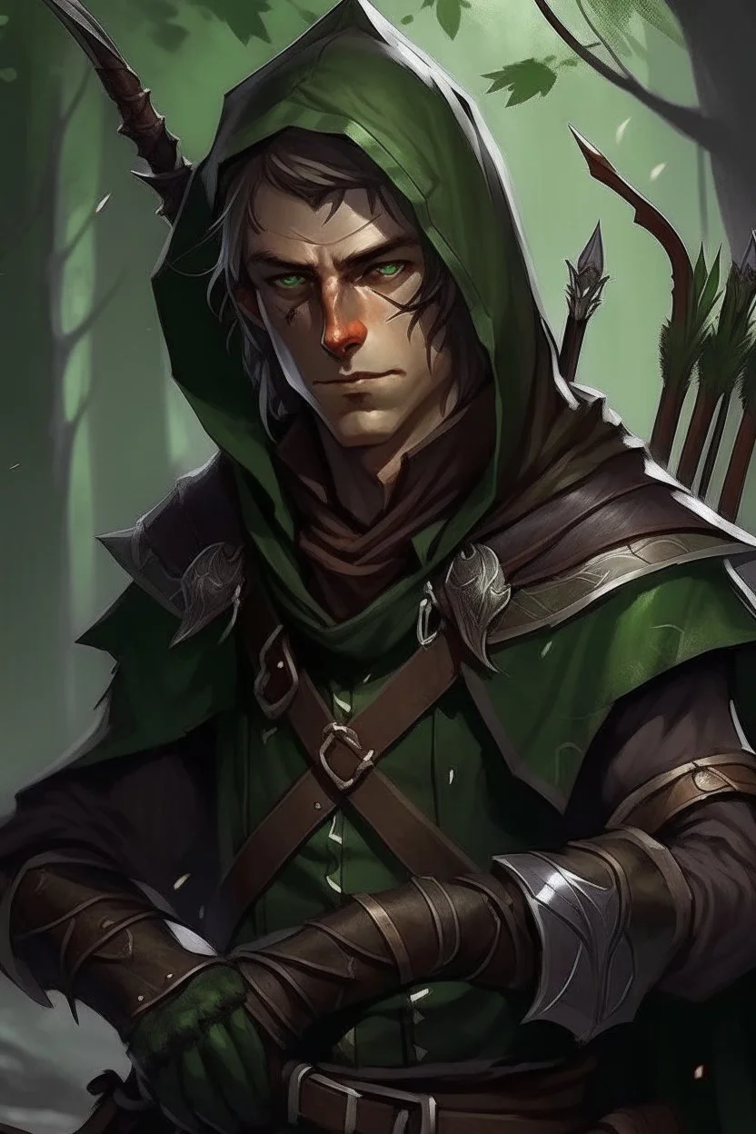 35 year old male rogue elf, thief assassin, messy mauve hair, bright green eyes, brown skin, black hood, black leather armor, messy, disheveled, trees, sneaky, bow and arrows, long and lean