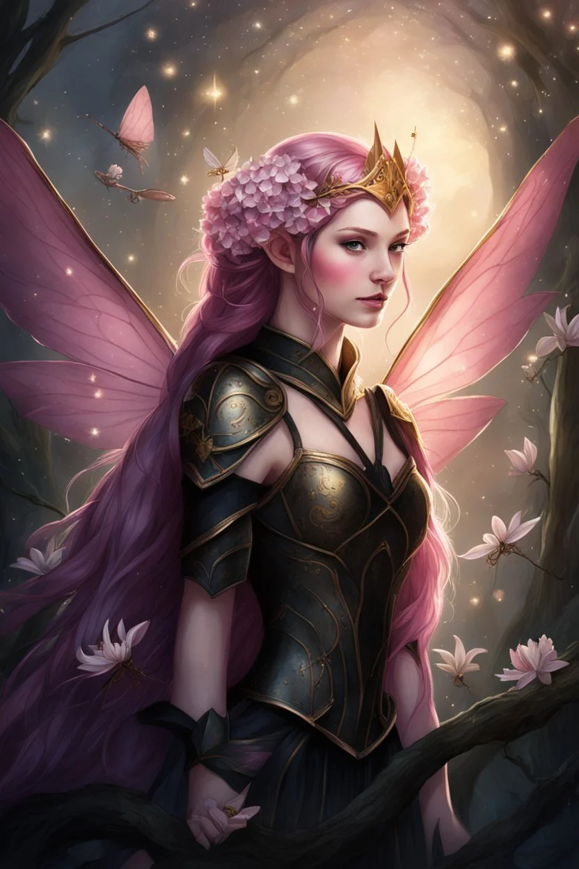 Pink,Hydrangea,orchids,lilies of the valley,night,pink hair,rapunzel hair,elven crown,dragonflies,pointed ears,elven ears,dark fairy princess,sparkle,,dark gold armour,fairy wings,pink,night stars