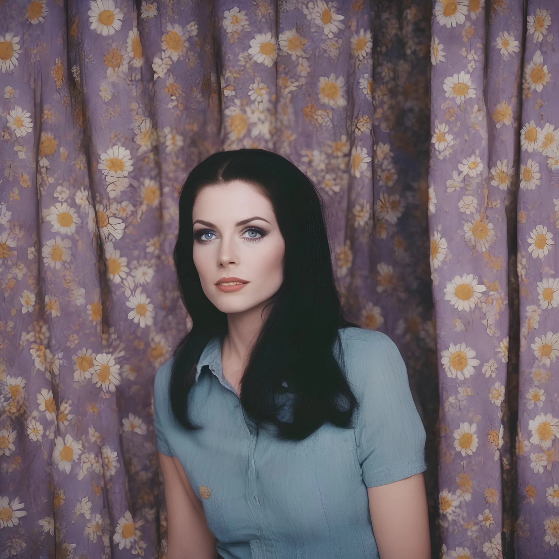 Priscilla presley, long straight black hair, , 1970, big blue eyes, jeans, daisies, purple curtain in thebackground, ,autochrome