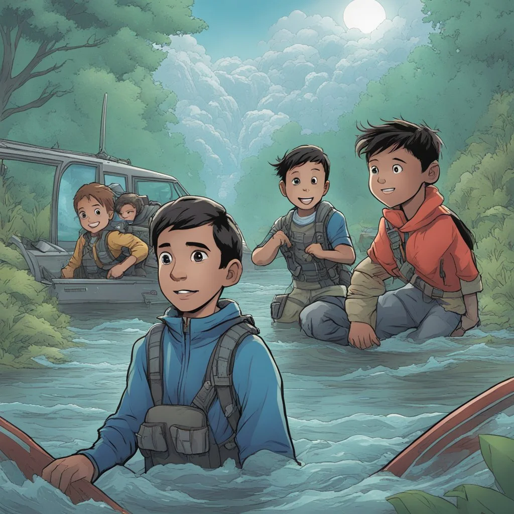 **Cinematic Art:** A captivating comic book series targeted towards children uses vibrant visuals and engaging storytelling to educate them about floods and storm preparedness. The comic features a team of young heroes who use their knowledge and skills to navigate flood situations and help their communities. The series emphasizes the importance of vigilance, staying informed, and following safety protocols. **Appearance:** Cinematic art ideas that encompass the essence of constructing and optim