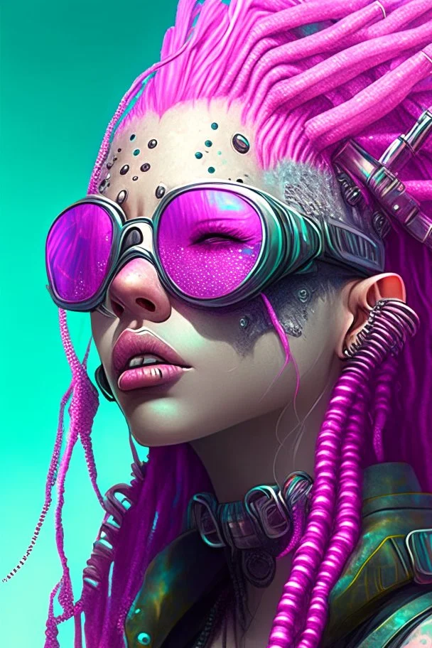 mermaid cyberpunk some fish scales on face pink hair dreadlock sunglasses gem in front