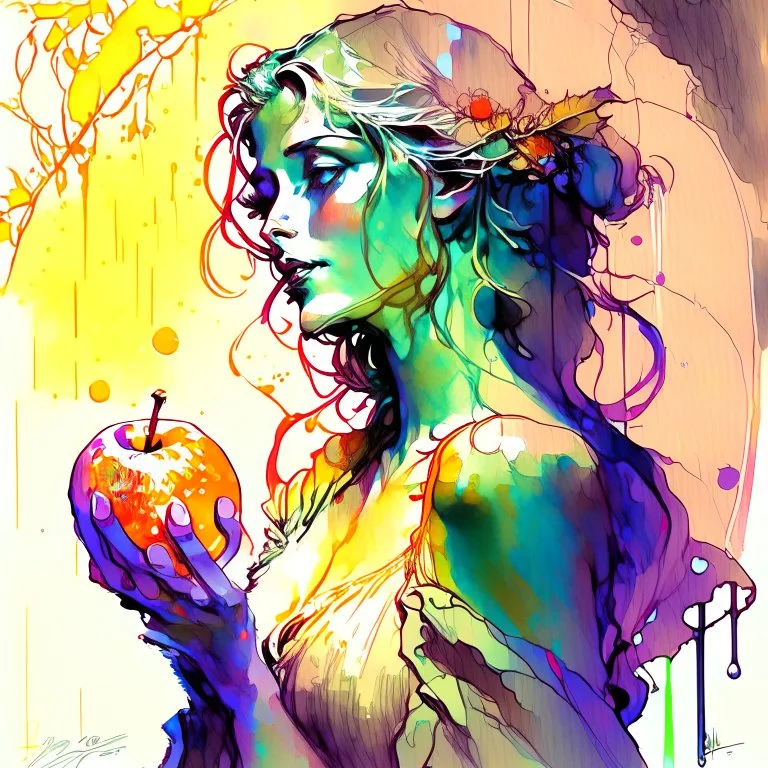 Eve and holding the apple, wet on wet watercolors splash, ink Modifiers: highly detailed digital painting elegant photorealistic very attractive beautiful dynamic lighting award winning high definition hdr matte background cinematic postprocessing pencil sketch Alphonse Mucha neon Iridescent Craig Rutkowski