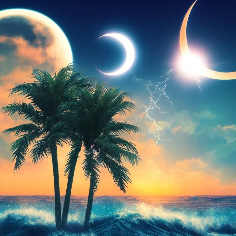 1980's vaporwave aesthetic palm trees with lightning with solar eclipse in the ocean waves sunset